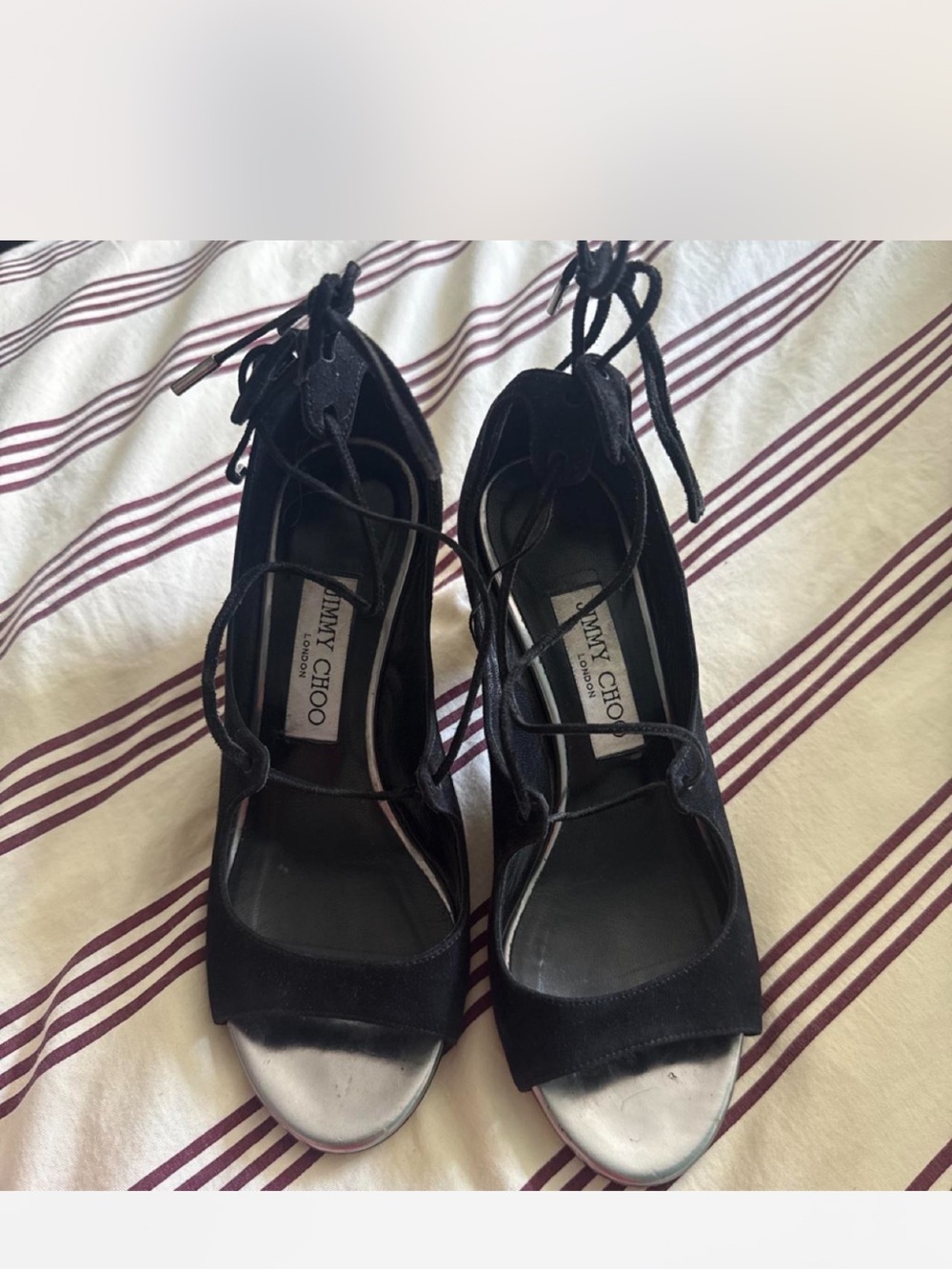 Jimmy Choo Black Lace-Up Suede Peep-Toe Heels